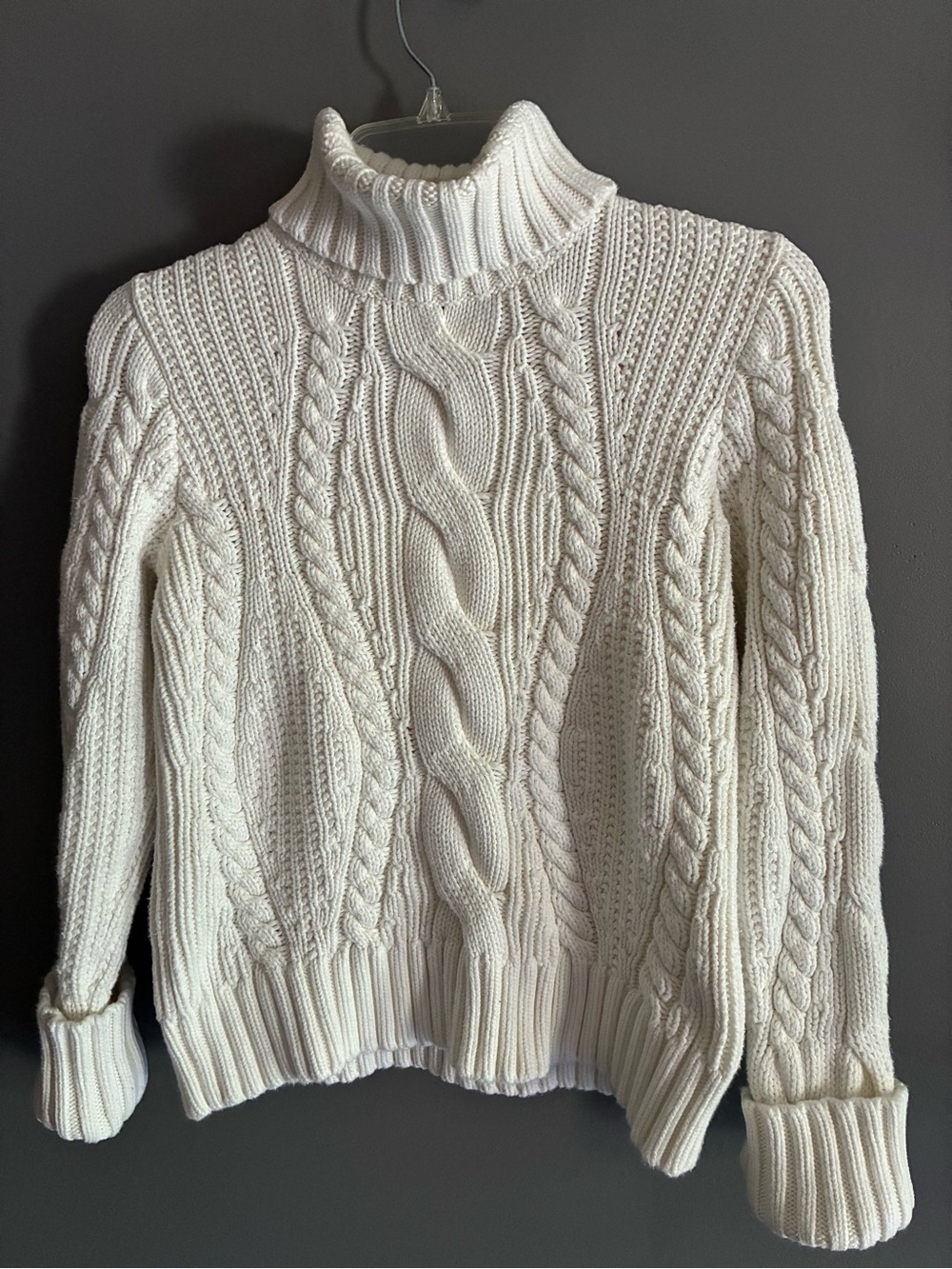 Lands' End Ivory Chunky Cotton Cable Knit Fisherman’s Turtleneck Sweater